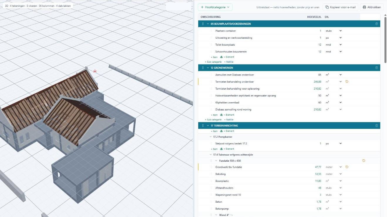 Het 3D-model van een woning met daarnaast de uittrekstaat